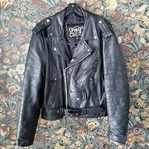 Vintage 90s Black Perfecto Jacket Thick Genuine Leather Silver Hardware